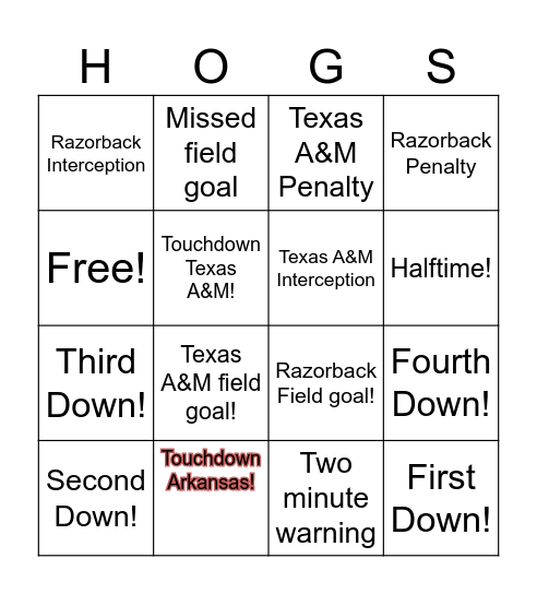 Arkansas vs Texas A&M Bingo Card