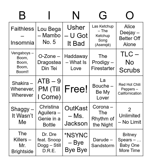90‘s/00‘s Hits Bingo Card