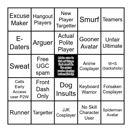 Roblox Battlegrounds Game Bingo Card