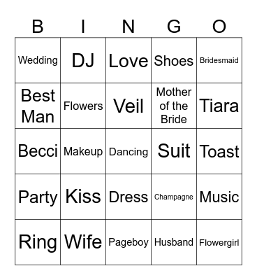 Becci's  Wedding Party Bingo Card