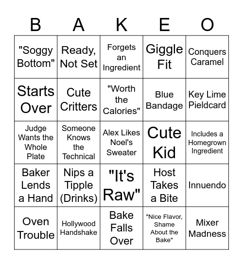 Bake Off Bingo Card