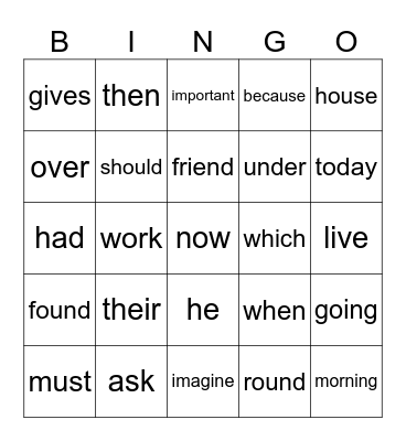 Sight Words Bingo Card
