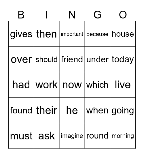 Sight Words Bingo Card
