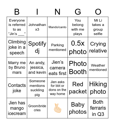 COTA 2025 Wedding Bingo Card