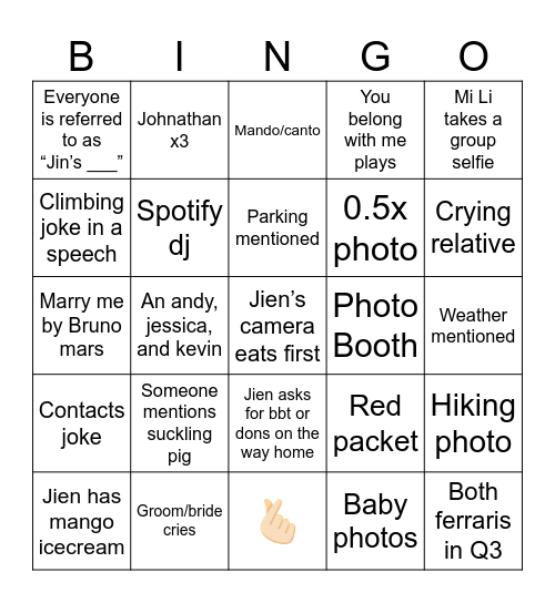 COTA 2025 Wedding Bingo Card