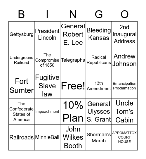 Civil War Bingo Card