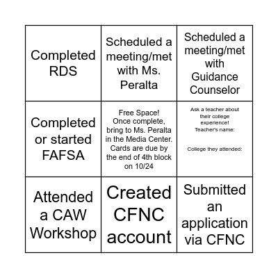College Application Week (CAW) Bingo Card