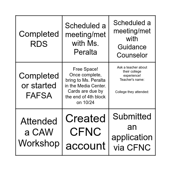 College Application Week (CAW) Bingo Card