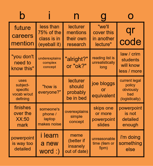 law / crim lecture bingo Card