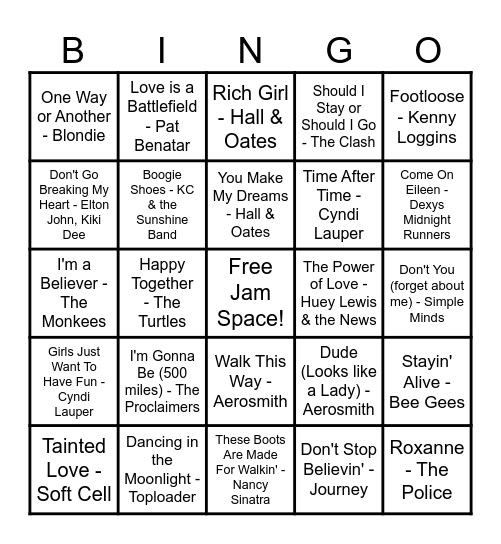 70's/80's Music Bingo - List 2 Bingo Card