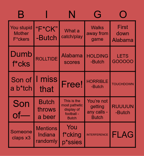 Alabama Bingo Card