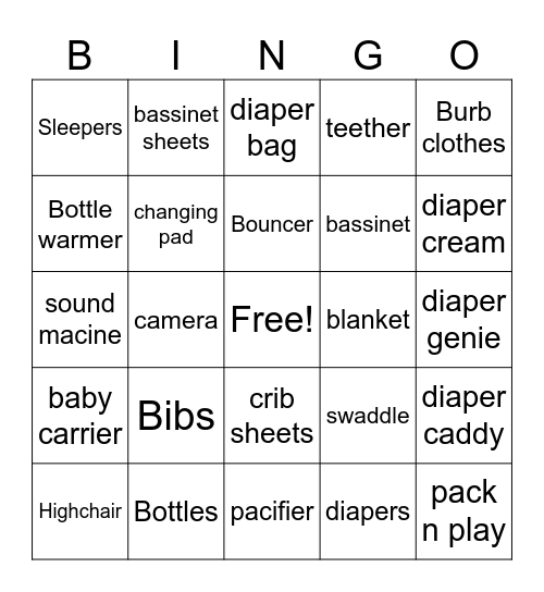 Baby shower BINGO Card
