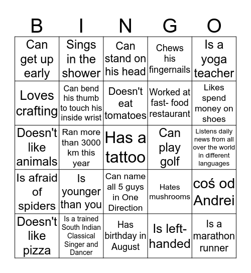 Nadia Bingo Card