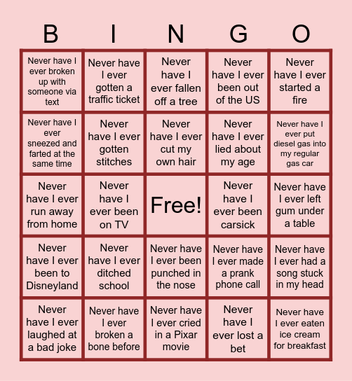 Never Have I Ever Bingo Card