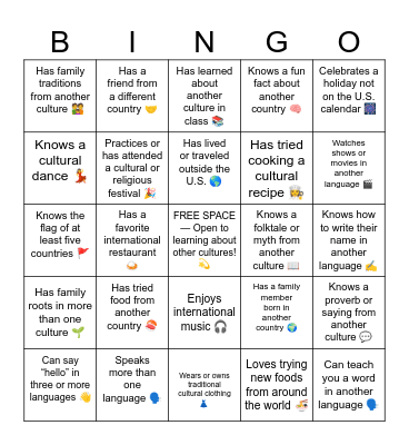 Cultural Bingo Card