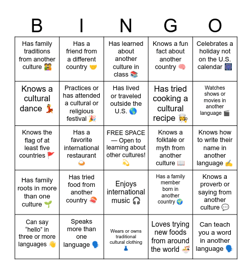 Cultural Bingo Card