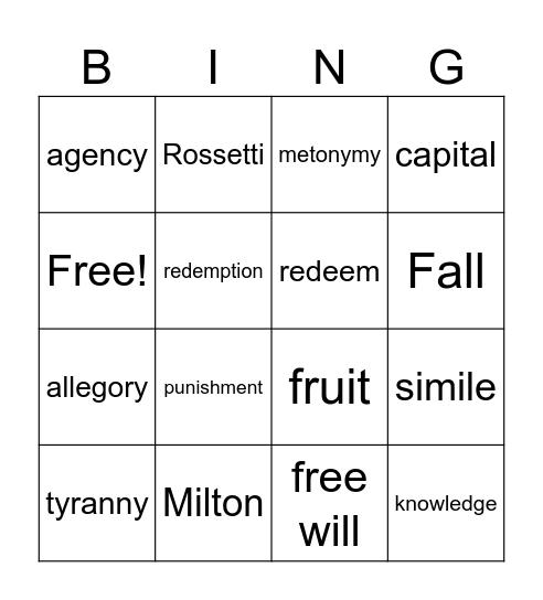 Literary Bingo Card