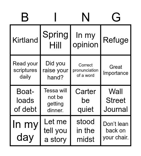 Sunday School Bingo Card