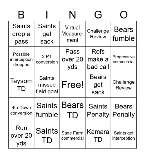 Saints Bingo Card