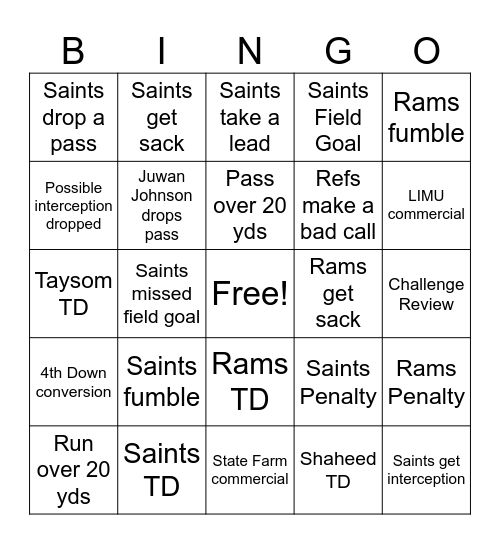 Saints Bingo Card