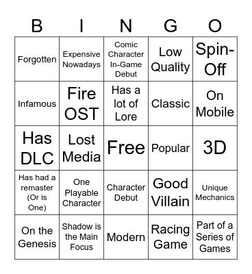 Sonic Game Bingo Card