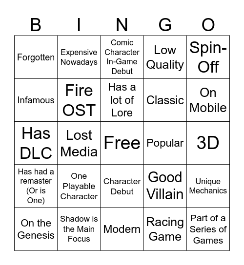 Sonic Game Bingo Card
