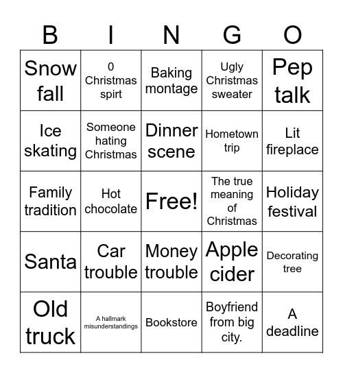 Hallmark Christmas moive Bingo Card