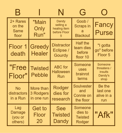 Dandy's World Halloween Bingo Card