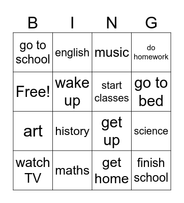 Daily Routines & School Subjects Bingo Card