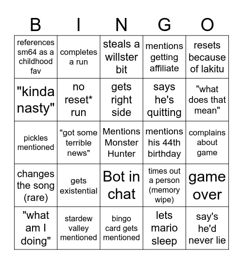 Wiisu Bingo Card