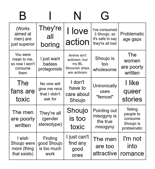 Why I don't watch/read Shoujo Bingo Card