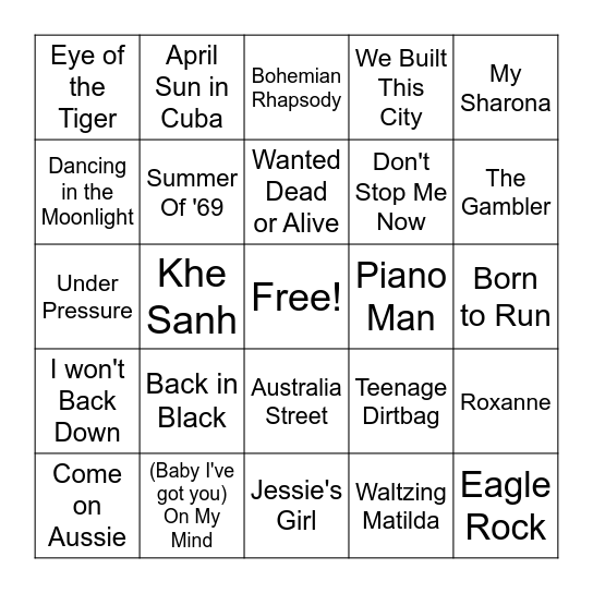 Bogan Music Bingo Card