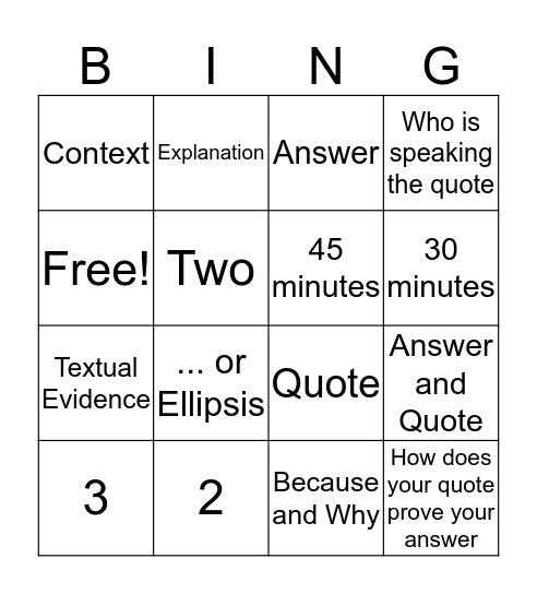 Short Answer Questions Bingo Card