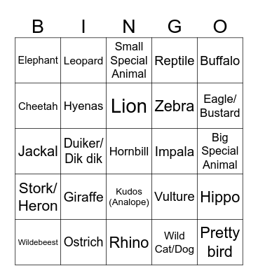 Kruger Safari Bingo Card