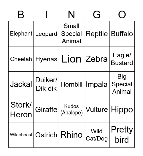 Kruger Safari Bingo Card