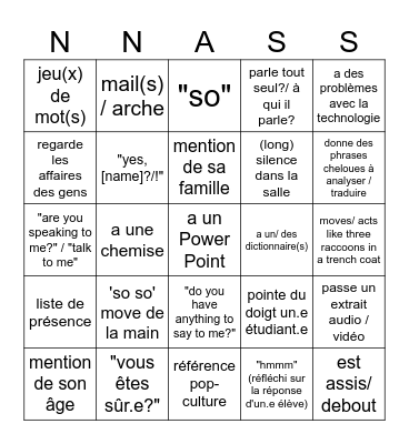 Nass-o Bingo Card