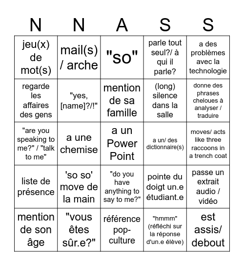 Nass-o Bingo Card