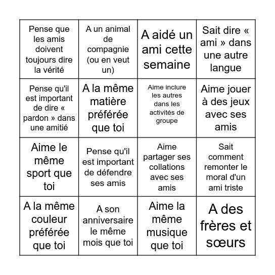 AMITIÉ VÉRITABLE BINGO Card