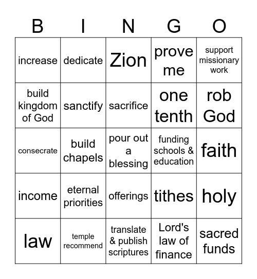 The Law of Tithing Bingo Card