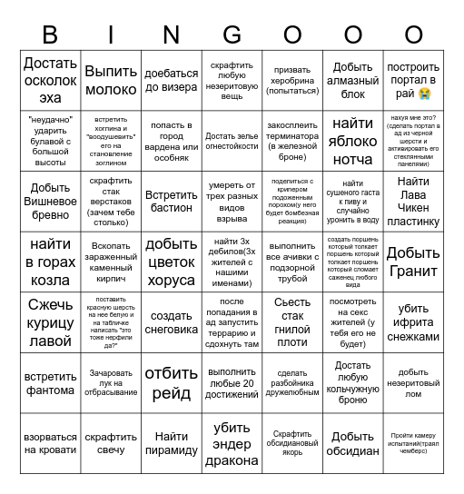 Майнкрафт Bingo Card