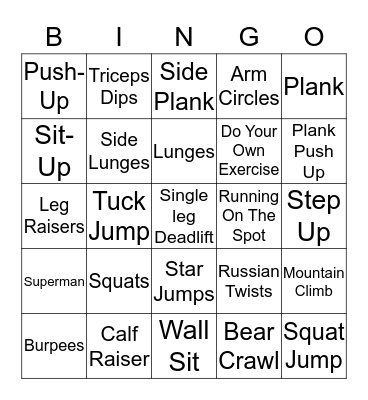 Exercise Bingo Card