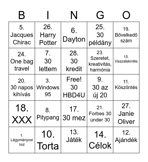 Clau 30 Bingo Card