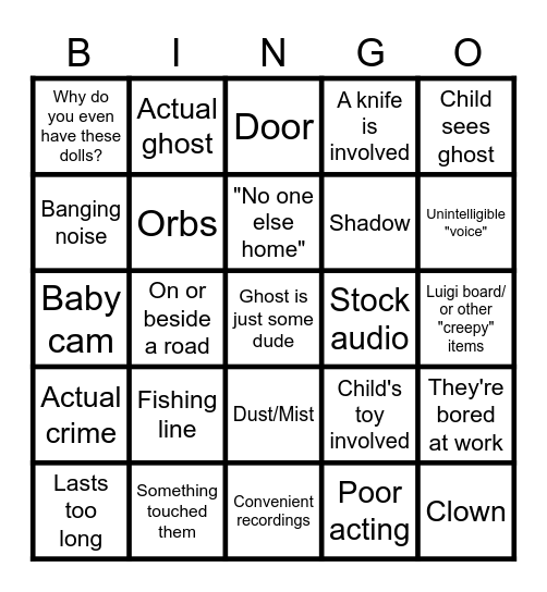 Ghost debunking Bingo Card