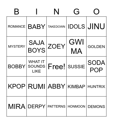 Tia's K-Pop Demon Hunters BINGO Card