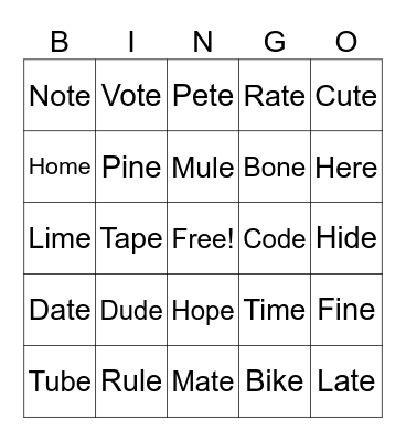 Magic E Bingo Card