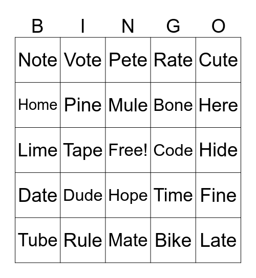 Magic E Bingo Card