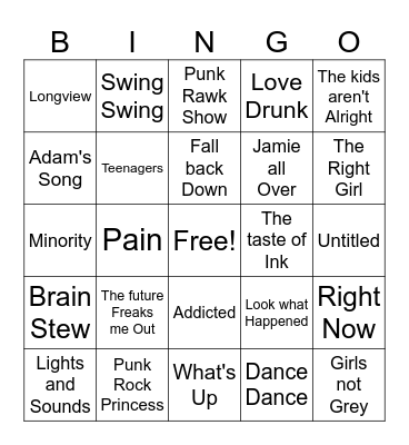 90's Pop/Punk game 3 Bingo Card