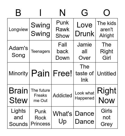 90&#x27;s Pop/Punk game 3 Bingo Card