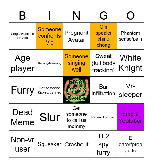 Vrchat Bingo Card