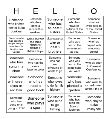 Getting to know you Ward Activity LDS Bingo Card